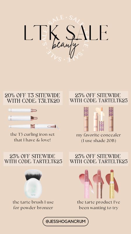 ltk sale, beauty, products, hair tools, makeup, 20% off T3 sitewide with code: T3LTK20, 25% off tarte sitewide with code: TARTELTK25

#LTKSale #LTKbeauty #LTKsalealert