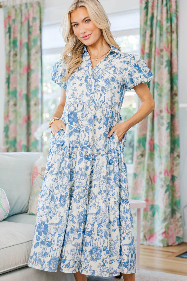 NURSING COLLECTION: Perfect For You Blue Toile Button Down Midi Dress | The Mint Julep Boutique