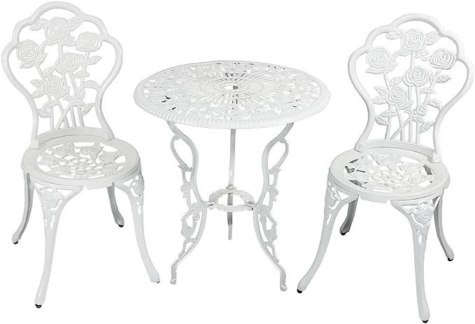 Sunnydaze 3-Piece Flower Designed Bistro Table Set with 2 Chairs, Outdoor Cast Aluminum, White | Amazon (US)