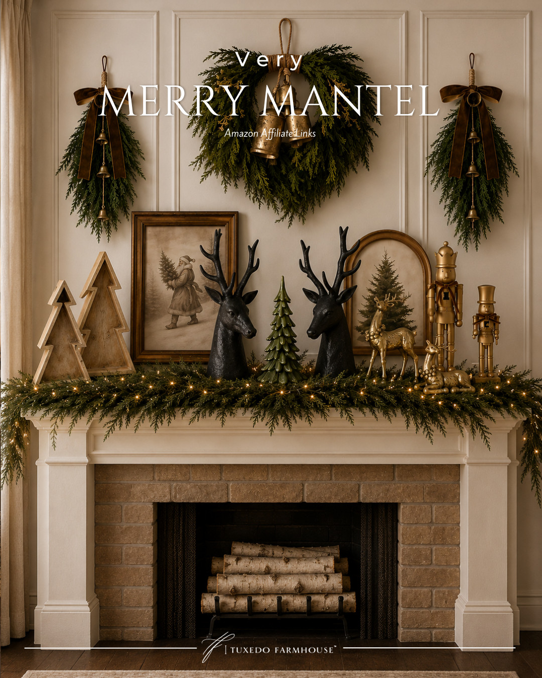 This mantel turned out beautifully—the layered greenery, antique brass bells, black reindeer, warm wood tones and touches of gold give it such a rich, collected Christmas look. 🎄✨

Seasonal, home decor, holiday, wreaths, candles, swags, trees, reindeer, Christmas, snowmen, trays, bells, ornaments 

 #LTKSeasonal #LTKHome #LTKSaleAlert
