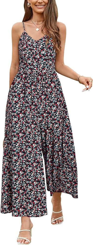 LAISHEN Wide Leg Jumpsuits for Women Dressy Casual 2024 Summer Rompers Smocked Sleeveless Floral ... | Amazon (US)