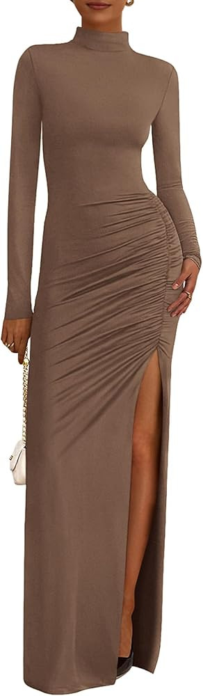 BTFBM Formal Dresses for Women 2025 Fall Long Sleeve Mock Neck Ruched Bodycon Slit Maxi Wedding G... | Amazon (US)