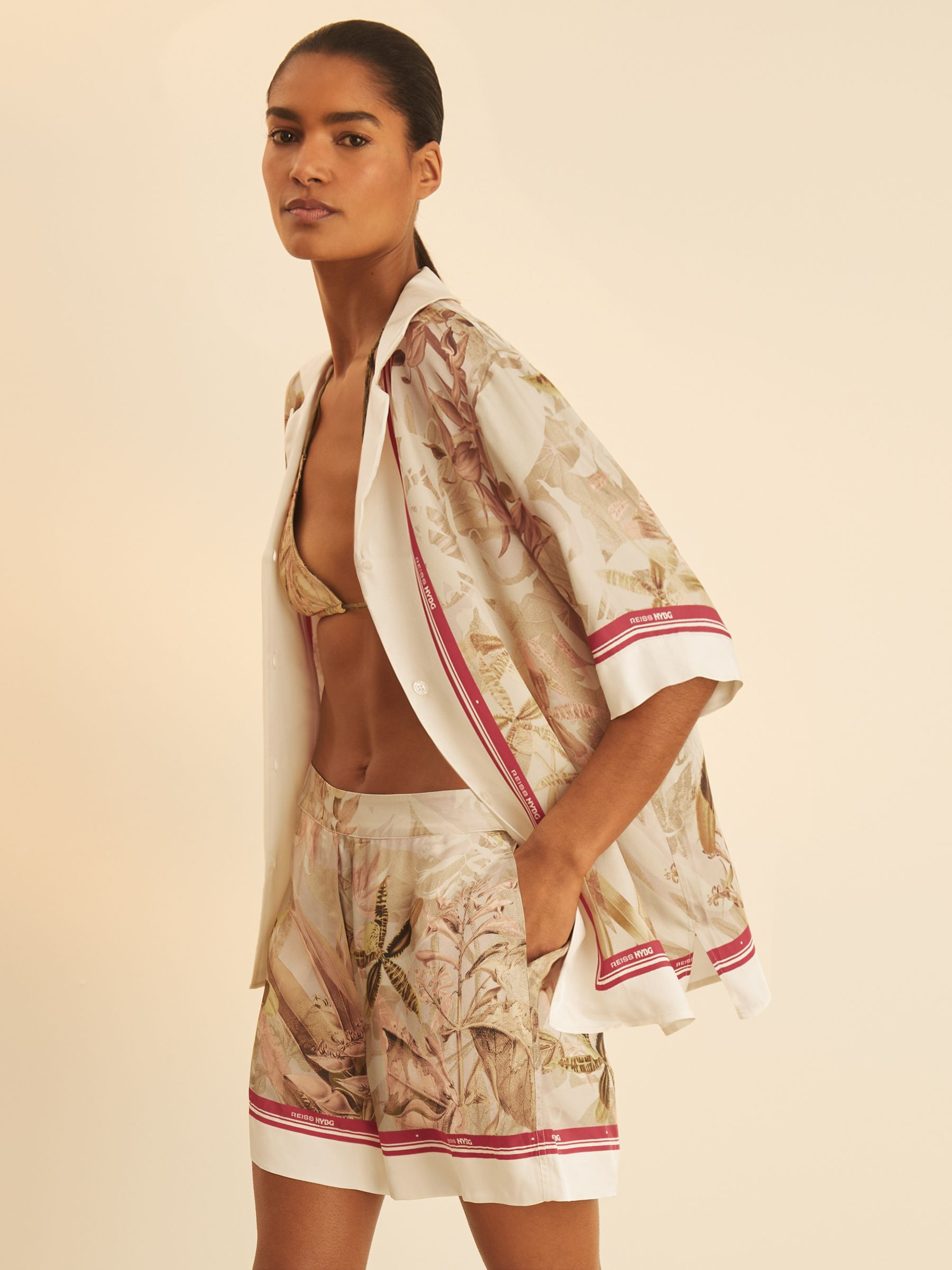 Reiss Reiss | NYBG Satin Floral-Print Shorts in Light Khaki | REISS | Reiss US