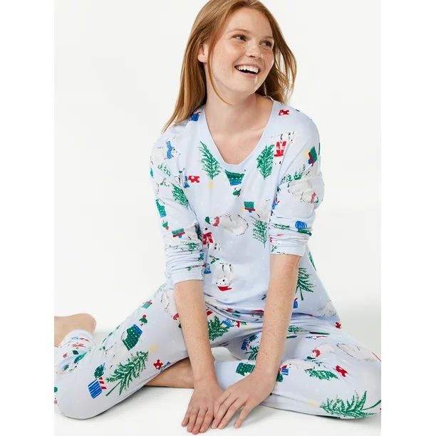 Joyspun Women's Long Sleeve Sleep Top and Jogger PJ Set, 2-Piece, Sizes up to 3X - Walmart.com | Walmart (US)