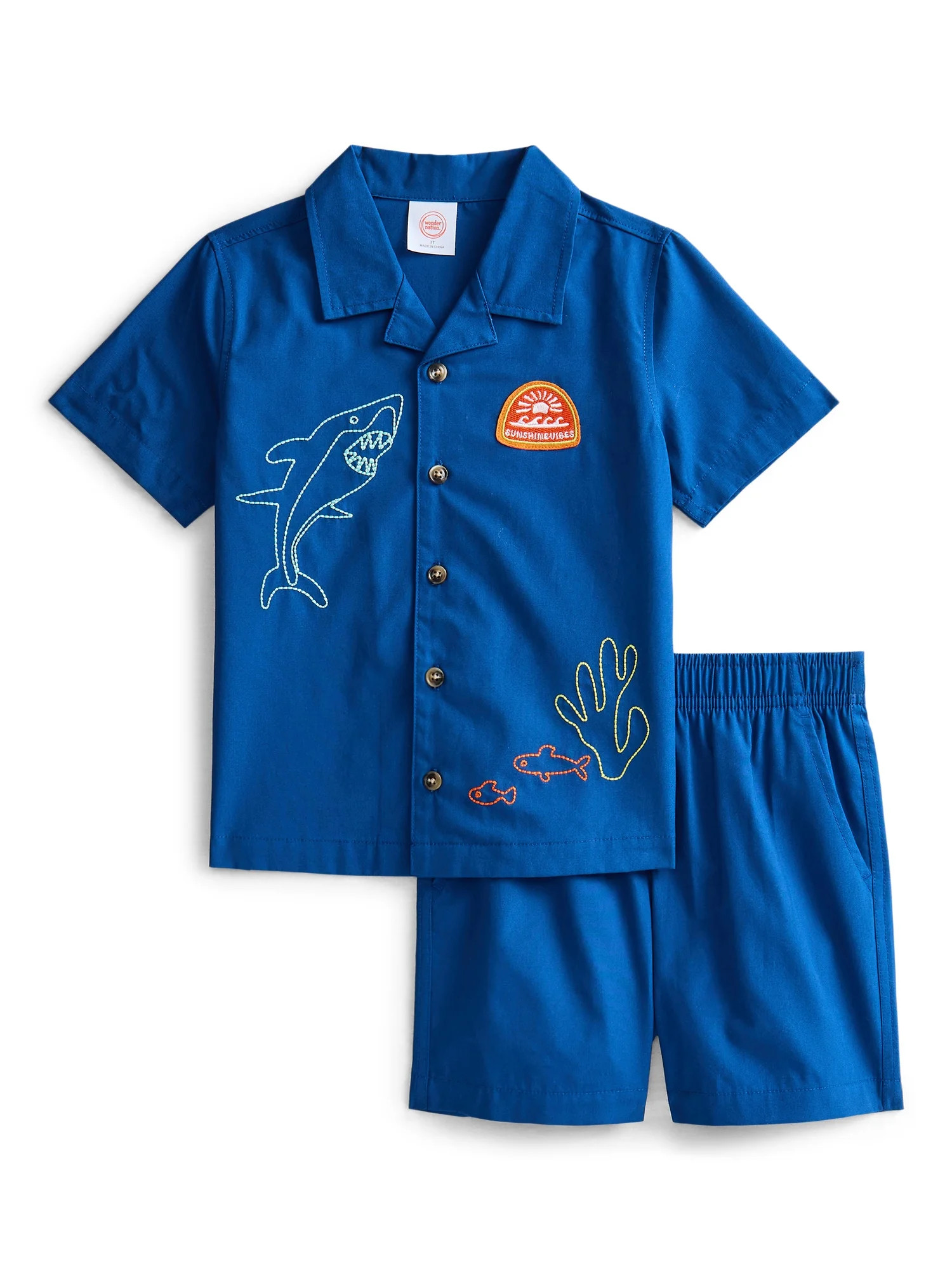 Wonder Nation Toddler Boys Short Sleeve Button Shirt and Matching Shorts Set, 2-Piece, Sizes 12M-... | Walmart (US)