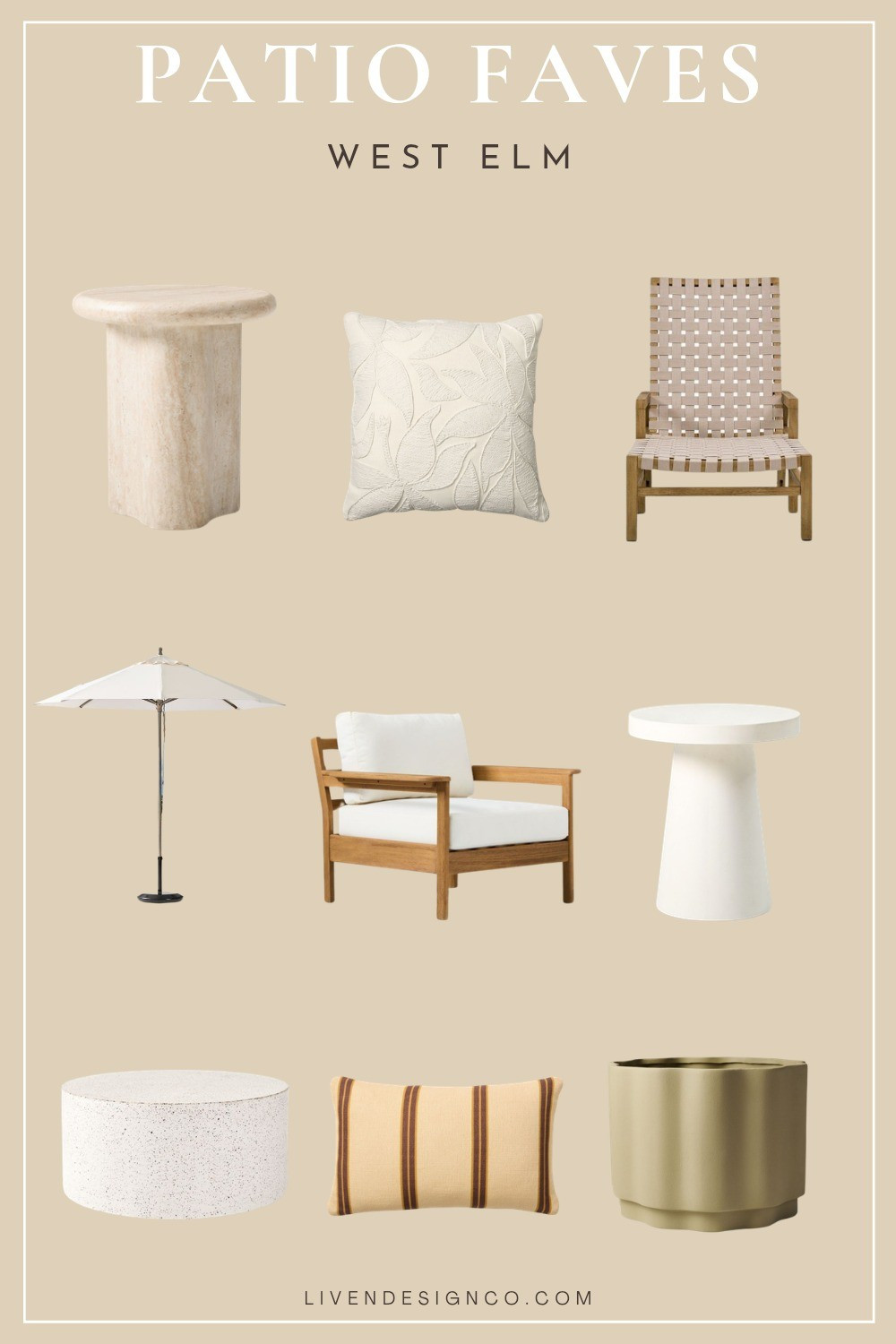 West Elm patio faves. Outdoor chaise lounge. Outdoor decor. Patio furniture. Patio lounge chair. Outdoor pillows. Outdoor accent table. Outdoor umbrella 

#LTKSeasonal #LTKHome #LTKSaleAlert
