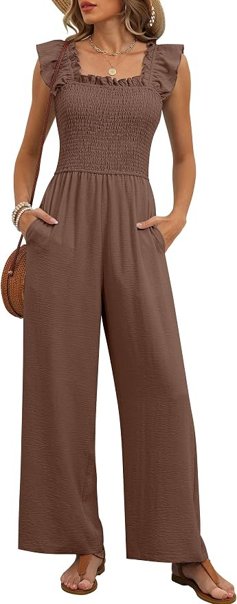 Caracilia Jumpsuits for Women, Smocked Ruffle Sleeve Wide Leg Rompers, Lightweight Casual Dressy ... | Amazon (US)