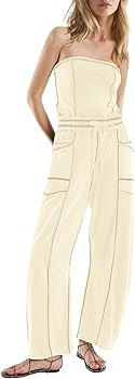 LAMISSCHE Womens Casual Strapless Jumpsuits off the Shoulder Summer Rompers Sleeveless One Piece ... | Amazon (US)