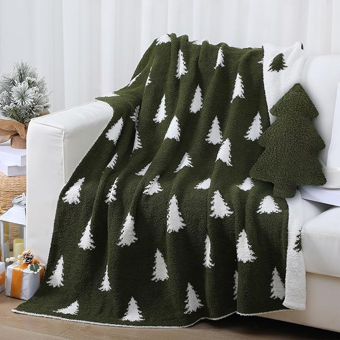 Christmas Tree Throw Blankets and Pillow Gift Set 50 x 60 Inch Double Sided Green Flannel Blanket... | Amazon (US)
