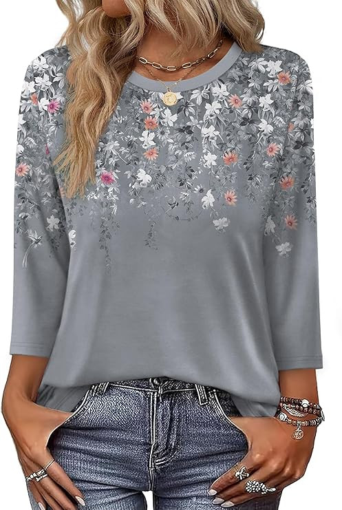 OFEEFAN 3/4 Length Sleeve Womens Tops Dressy Casual Blouses Crew Neck T Shirt Fashion Clothing Lo... | Amazon (US)