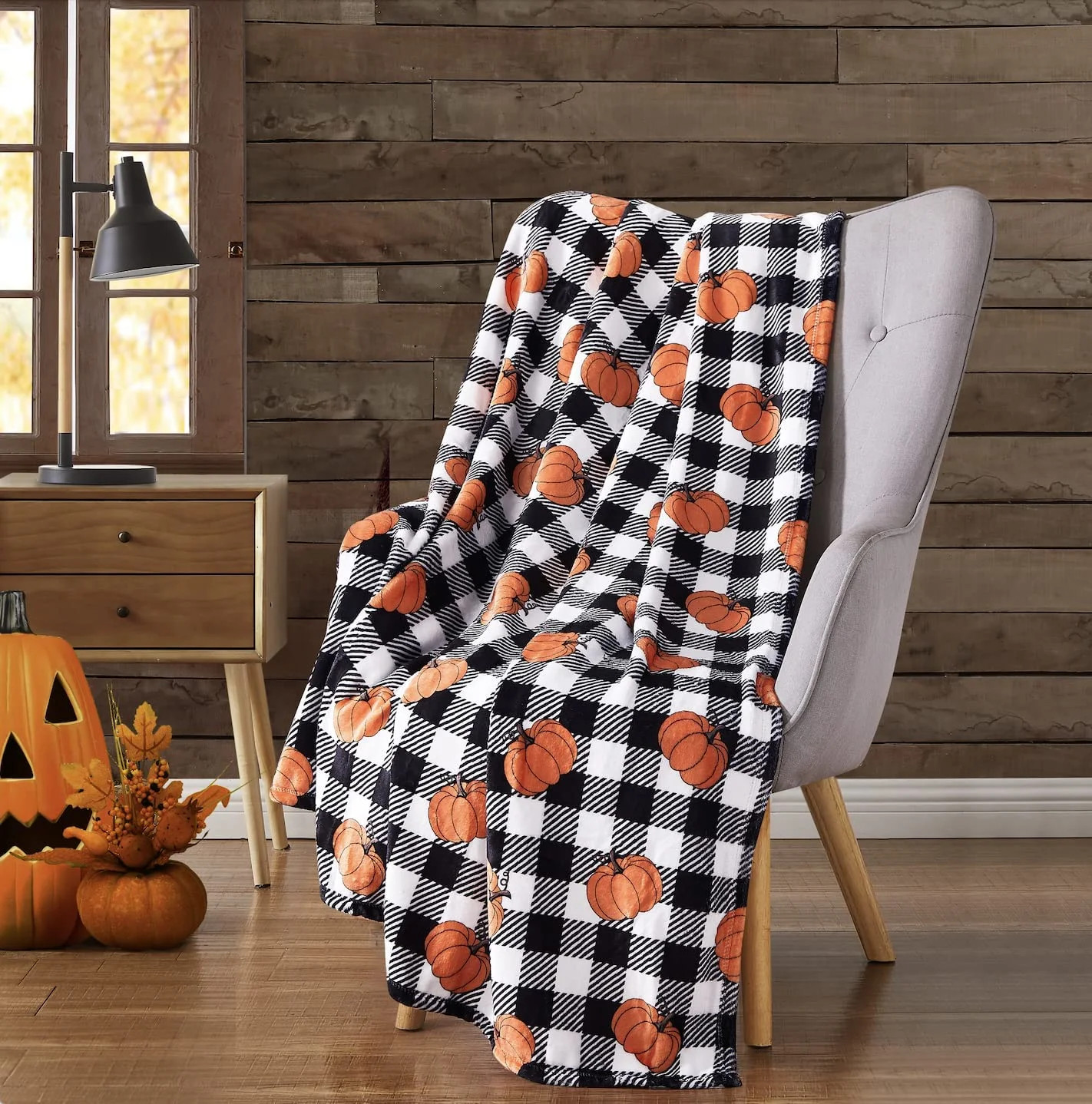 Serafina Home Fall Throw Blanket: Modern Country Black and White Checked with Orange Pumpkins (Bu... | Walmart (US)