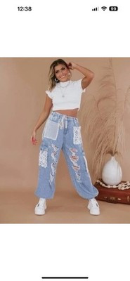 New POL Denim Vintage Lace Crochet Patches Distressed Jogger Pants Boho Large | eBay US