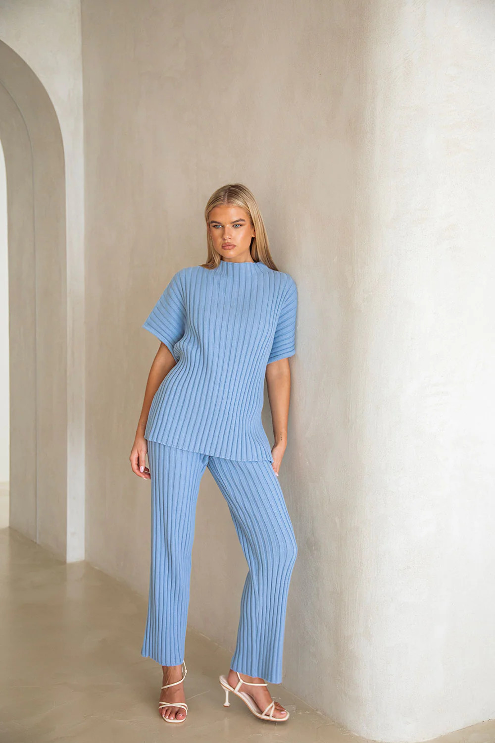 Blue Ribbed Knit High Waist Elastic Celine Pants | Sabo Skirt US