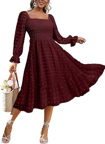 Amegoya Women's Boho Flowy Long Sleeve Square Neck Floral Midi Dress Smocked Spring Fall Wedding ... | Amazon (US)