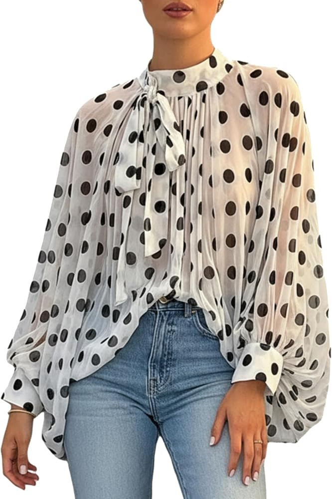 GORGLITTER Women's Polka Dots Blouse Mesh Flowy Long Sleeve Sheer Tops Vintage Elegant Tie Neck C... | Amazon (US)