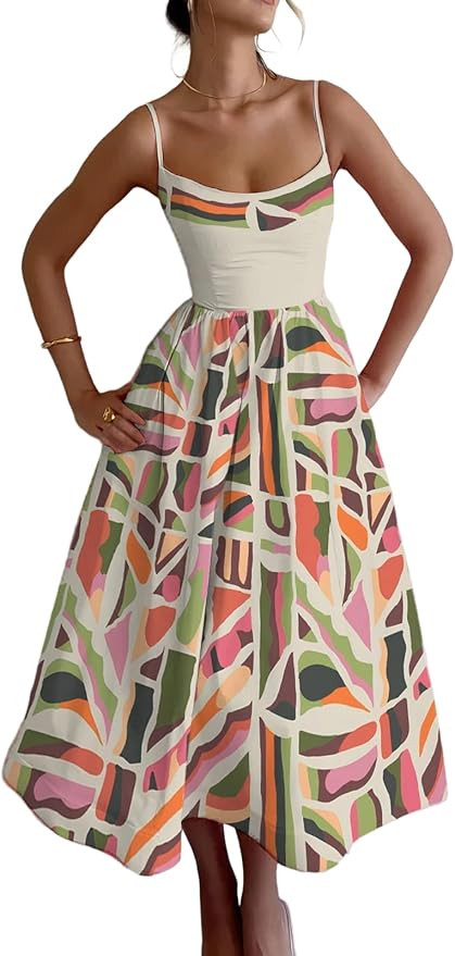 Women's Graphic Print Midi Dress Spaghetti Strap Sweetheart Neck A-Line Casual Summer Vacation Dr... | Amazon (US)