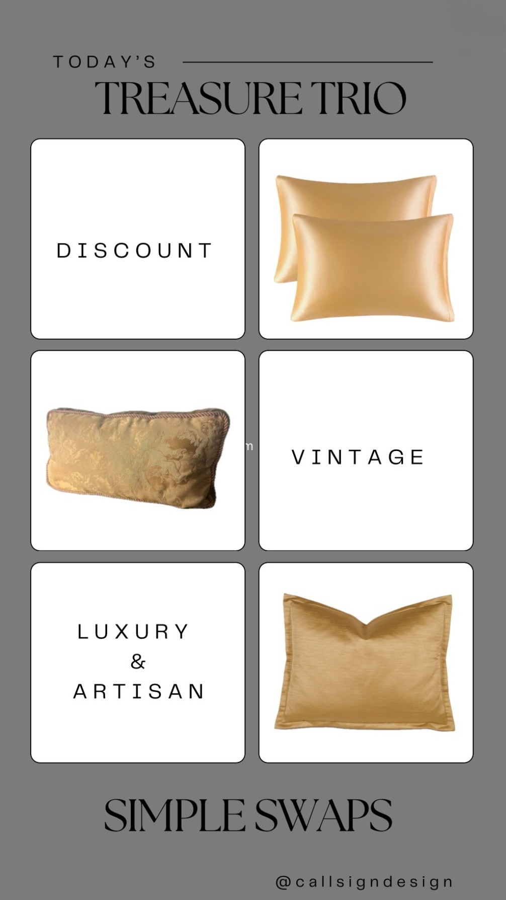 Update your space with these luxurious gold velvet pillows. Perfect for a dramatic, sophisticated look everyone will love. The perfect touch to a guest room just before the holidays! ✨

#CallSignDesign #Vintage #Luxury #InteriorDesign #InteriorDecorating #Elegance #Chandelier #OldWorldCharm #DesignStyle #CastleCore #OldWorldCharm  #SimpleSwaps