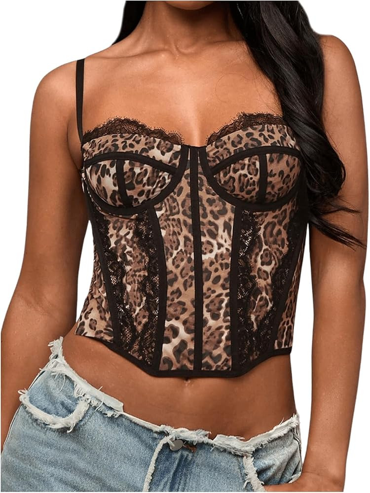 Verdusa Women's Y2K Lace Leopard Print Crop Corset Tops Rave Club Going Out Camisole Tops | Amazon (US)