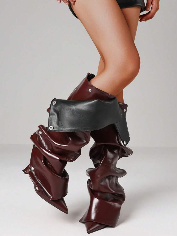 Fashion Women's Ruched Slouchy Knee High Boots Pointed Toe Stiletto Detachable Shoes Motorcycle H... | SHEIN