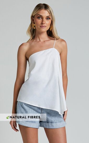 Amalie The Label - Charmonique Linen Asymmetric One Shoulder Cami Top in White | Showpo (US, UK & Europe)