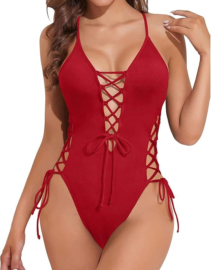 Tempt Me Women Sexy Lace Up One Piece Swimsuit Deep Plunge V Neck Bathing Suits | Amazon (US)