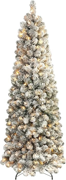 SHareconn 7ft Prelit Snow Flocked Artificial Hinged Slim Pencil Christmas Tree with Warm White Li... | Amazon (US)