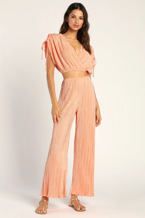 Plisse and Thanks Peach Wide-Leg Plisse Pants | resort wear 2022 resortwear resort dress  | Lulus (US)