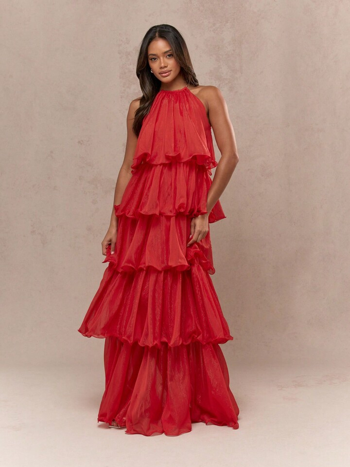 MISSGUIDED Boho Metal Threading Tiered Ruffle Detail Halter Neck Maxi Dress | SHEIN