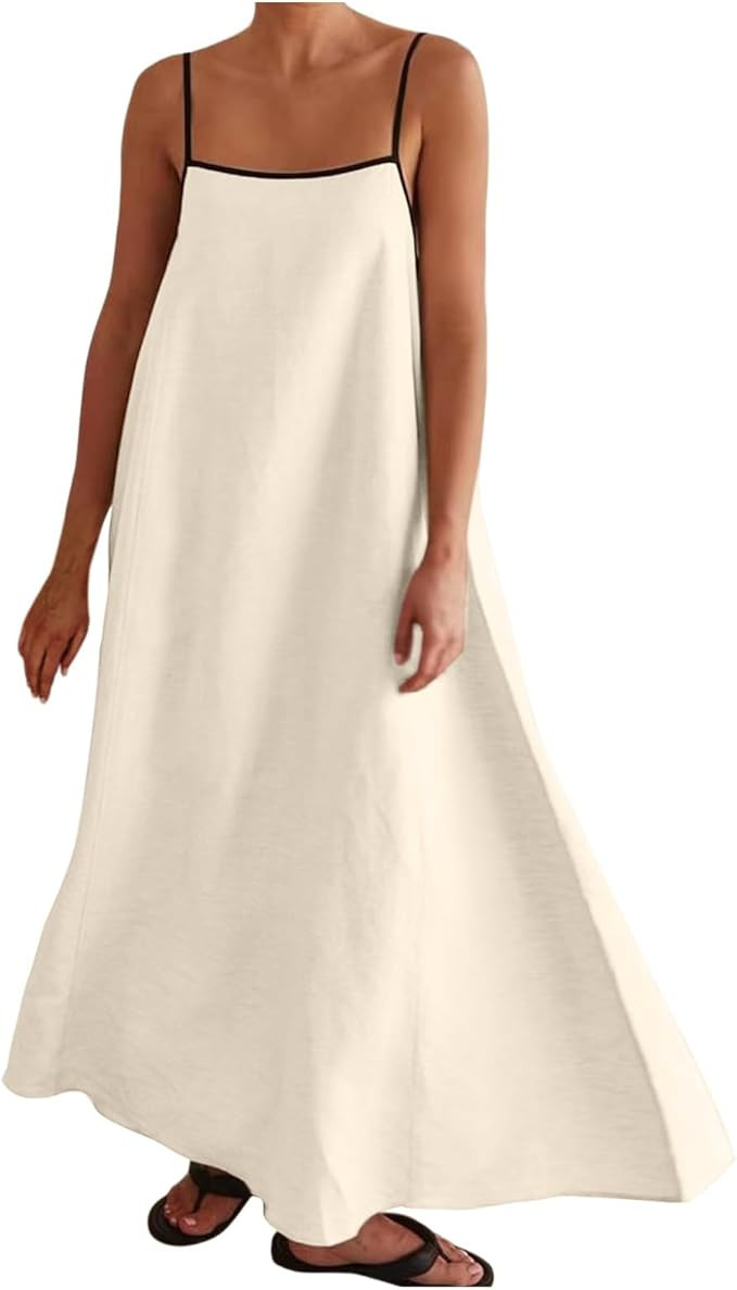 Women Linen Dress Sleeveless Spaghetti Straps Contrast Loose Flowy Maxi Dress Beach Vacation Sund... | Amazon (US)
