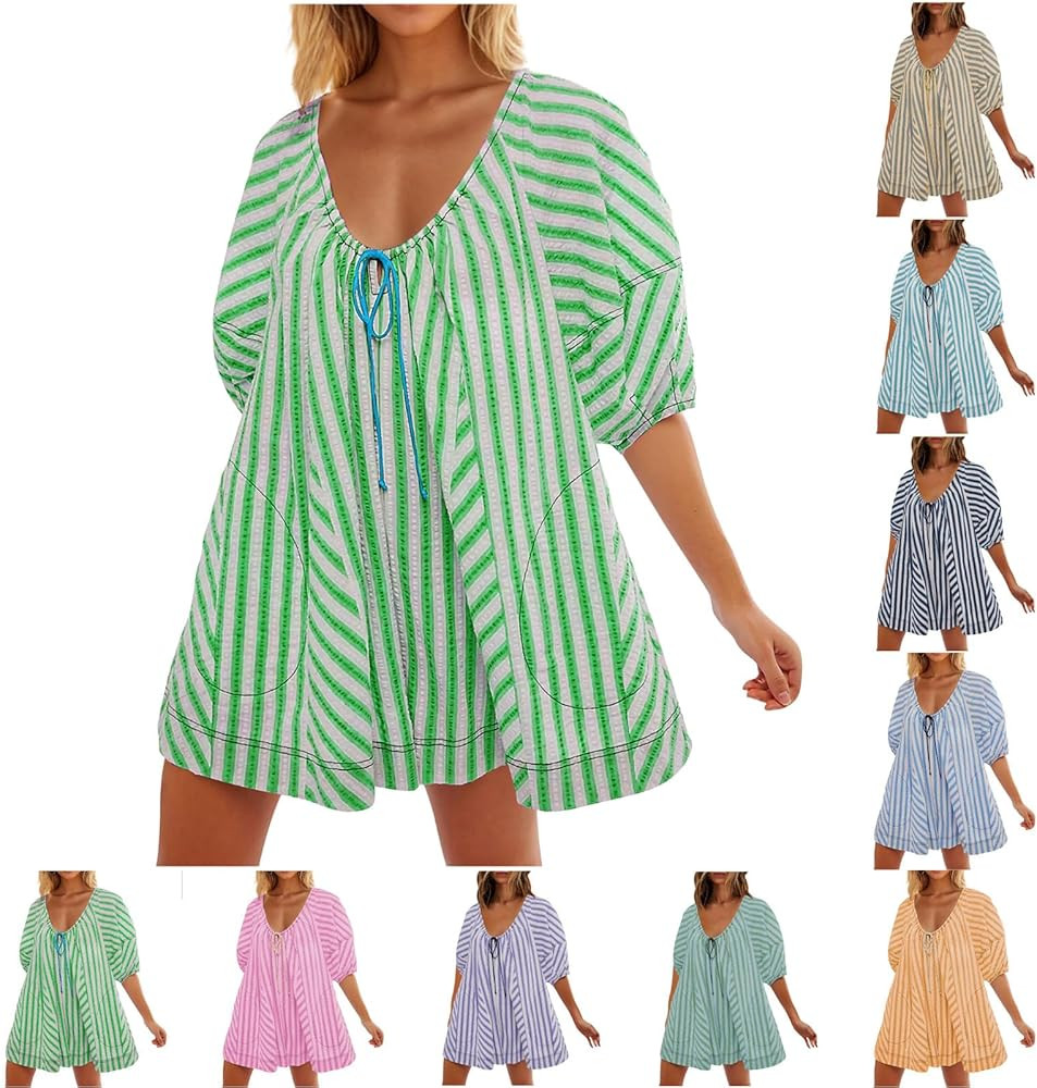 Womens Casual Striped Puff Short Sleeve Romper Scoop Neck Overall Shorts Oversized Mini Dress Jum... | Amazon (US)
