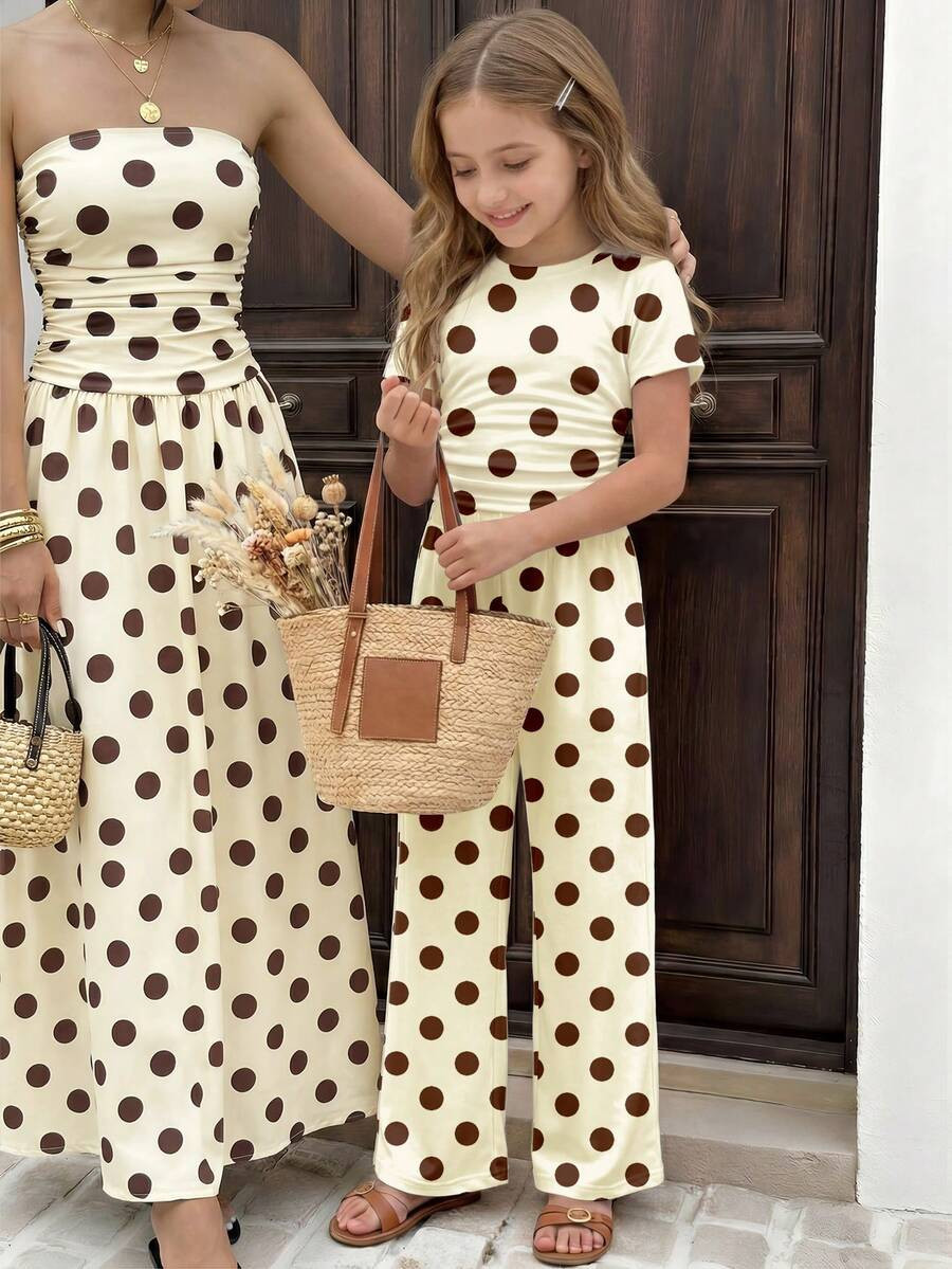 Retro Polka Dot Print, Tween Girls 2pcs Set - T-Shirt & Leggings, Casual Daily Fashion Versatile ... | SHEIN