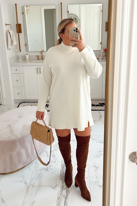 curvy fall Thanksgiving outfit! wearing size xl in cream thin sweater dress and linking similar OTK suede boots 

#LTKSeasonal #LTKunder50 #LTKcurves