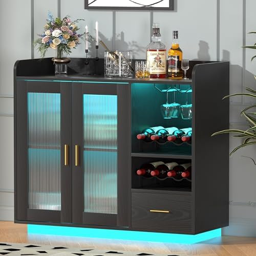 Modern Black Wine Bar Cabinet with LED Light, Floating Coffee Cabinet, Kitchen Buffet Sideboard, ... | Amazon (US)