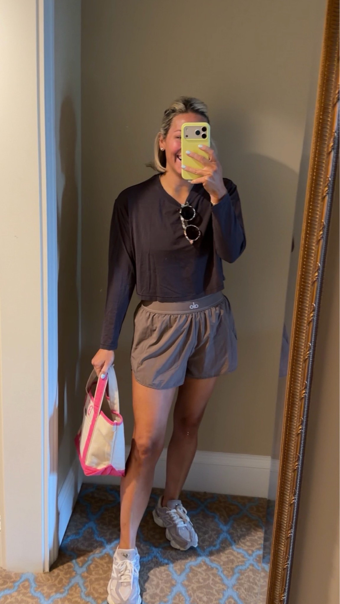 Coffee look! Top is old spanx and alo shorts. Wearing small in both! My fav canvas tote code is Bobbi10 and fav sneakers!!

#LTKPetite #LTKActive #LTKootd
