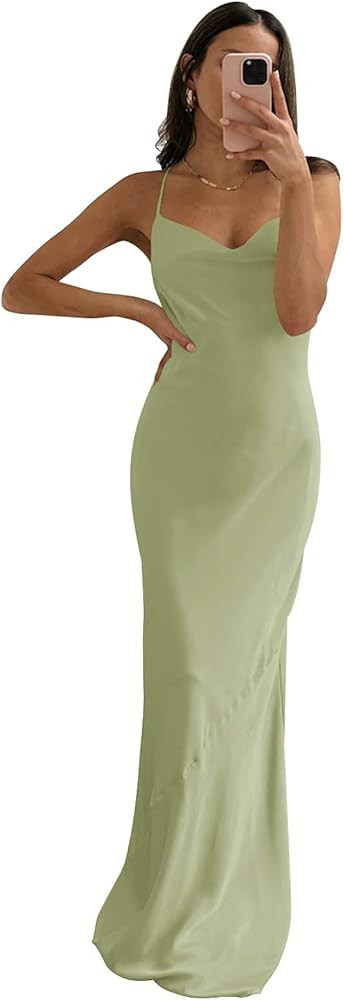 Satin Bridesmaid Dresses Mermaid Cowl Neck Wedding Guest Dress Maxi Slip Bodycon Backless Formal ... | Amazon (US)