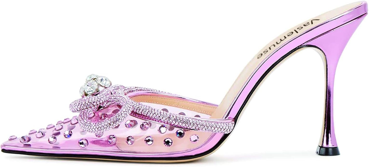 Vaslemuse Women's Heeled Mules Double Crystal Rhinestone Bow Pointy Toe Clear Pumps Stiletto Slip... | Amazon (US)