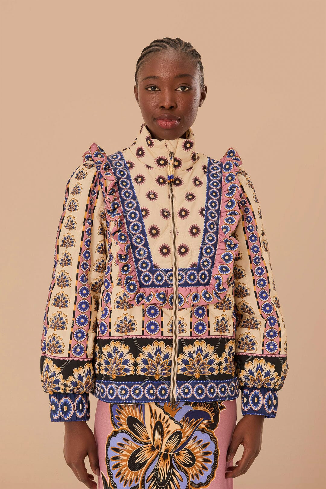 Cream Ainika Maxi Floral Puffer Jacket | FarmRio (US)