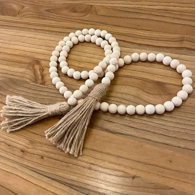 Farmhouse Beads 58In Wood Bead Garland With Tassels Rustic Country Decor Prayer Boho Beads Big Wall Hanging Decor | Wayfair North America