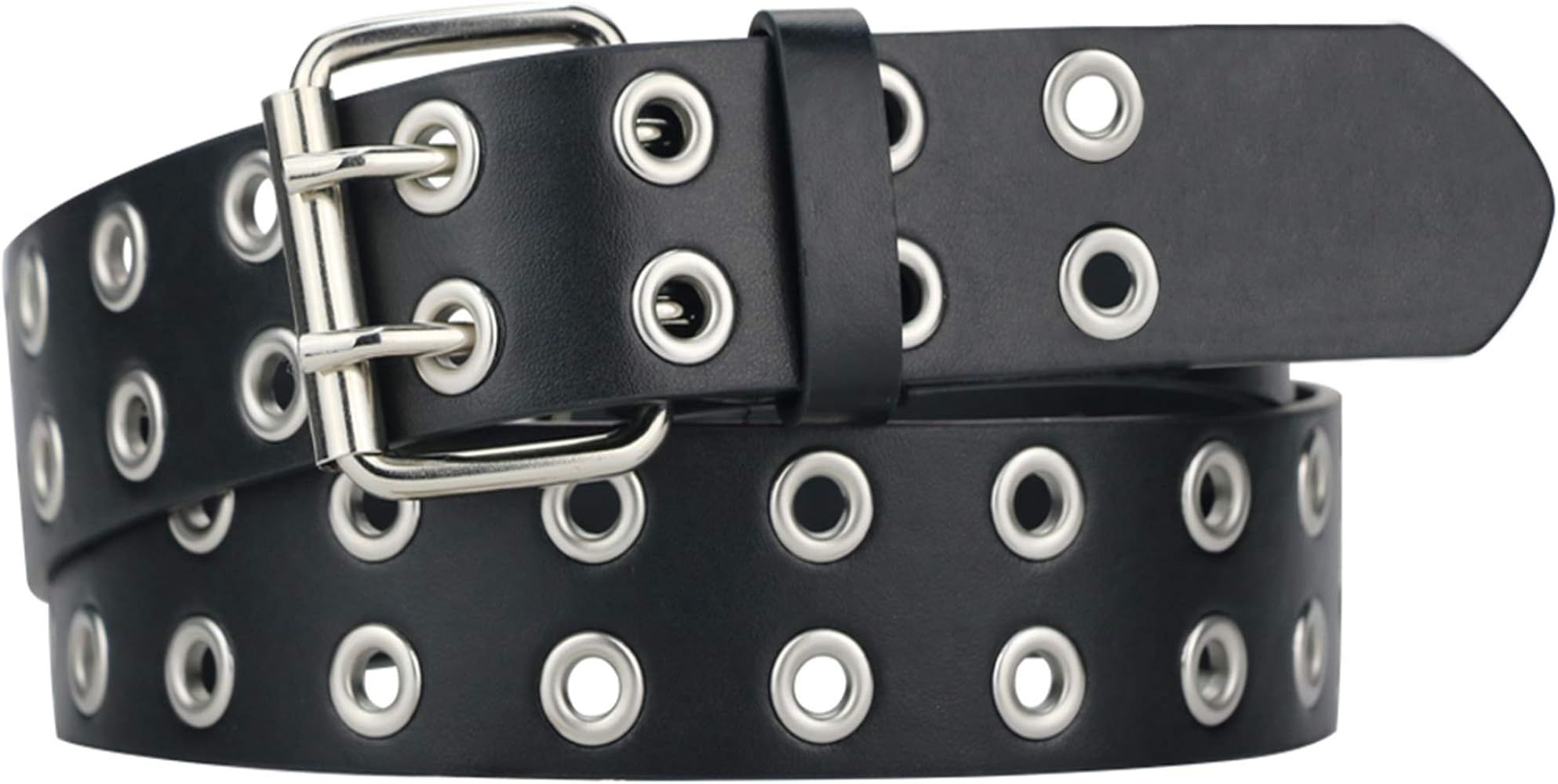Grommet Leather Belts for Women, Black Belt Women Men with Double Studded Holes | Amazon (US)