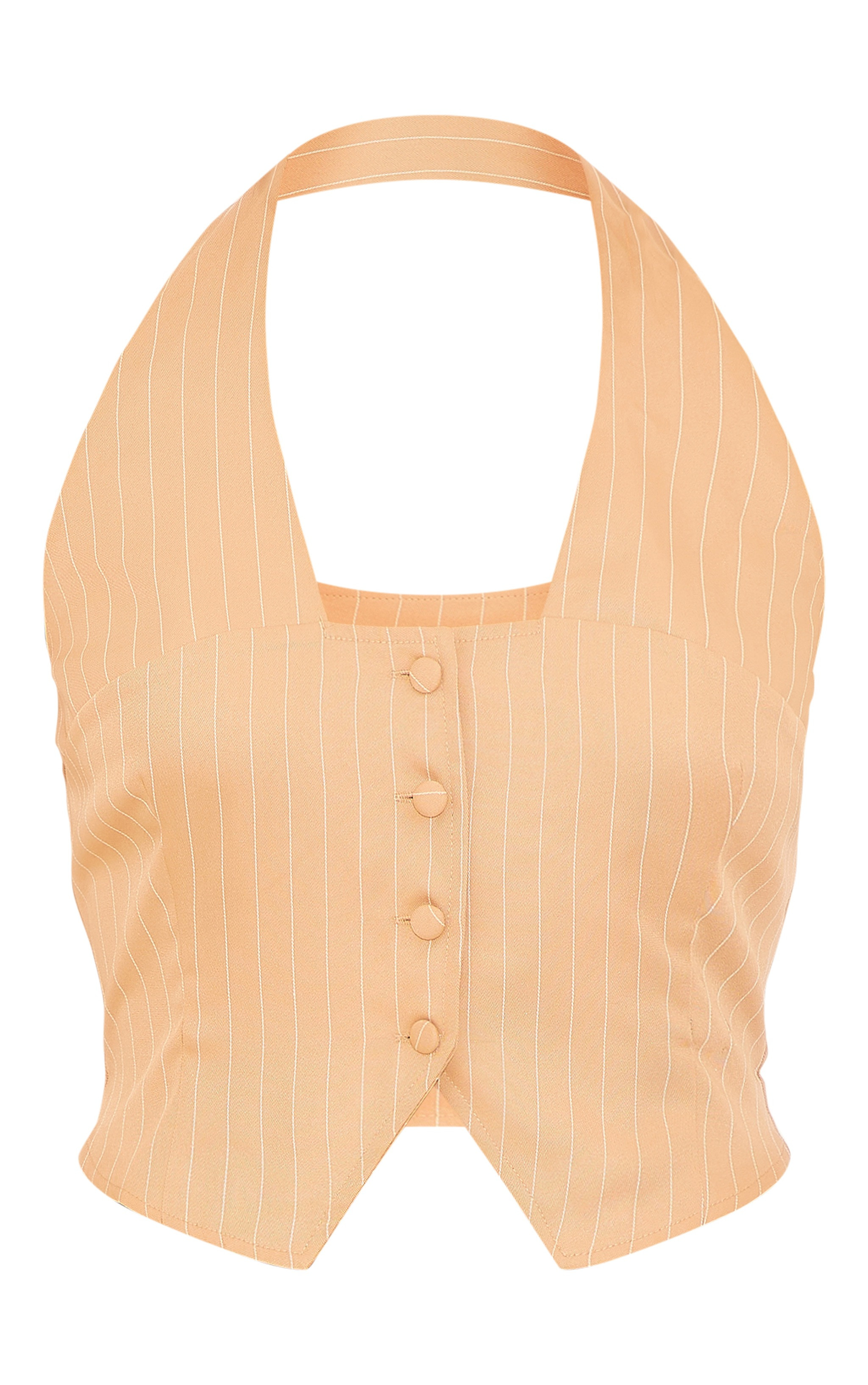 Taupe Woven Pinstripe Halterneck Button Vest | PrettyLittleThing US