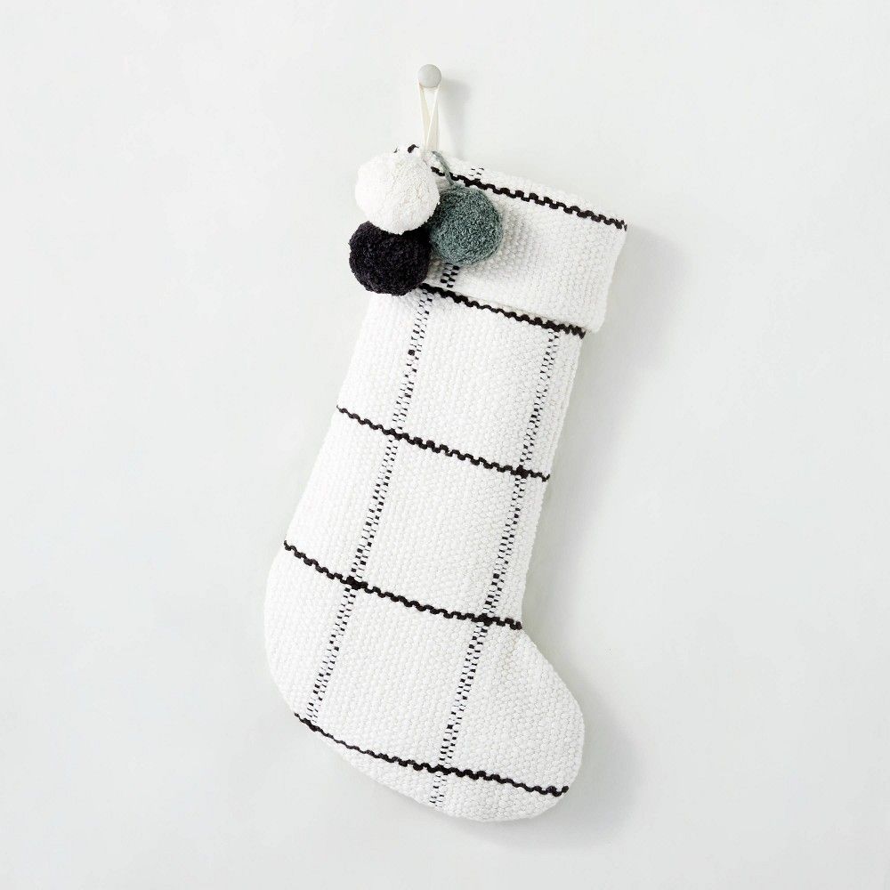 Woven Plaid with Poms Holiday Stocking Gray/Cream - Hearth & Hand with Magnolia | Target