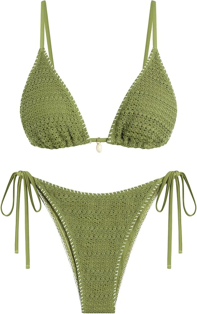 ZAFUL Women's Sexy Triangle Bikini Set Crochet Tie Side String Cheeky Swimsuit 2 Piece Bathing Su... | Amazon (US)