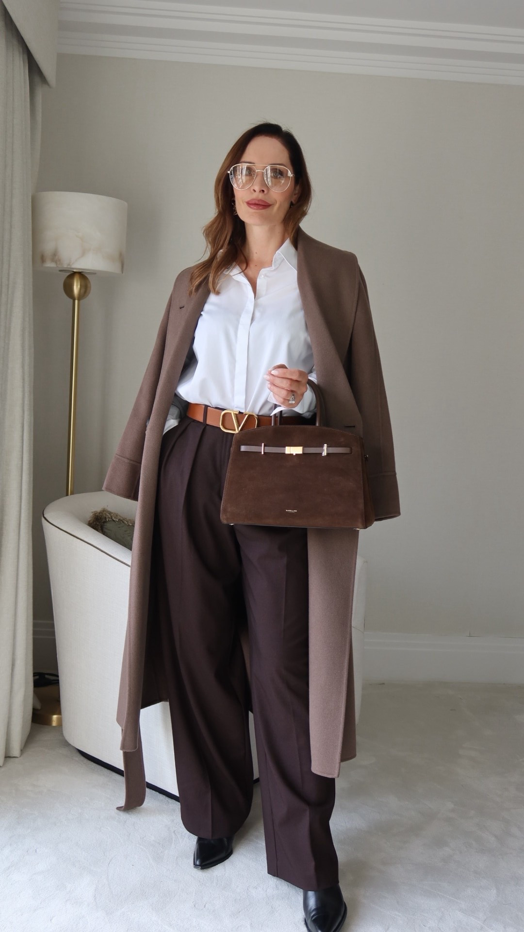 Shades of brown with chocolate brown classic suit, tonal brown wool coat and suede top handle bag
Perfect for day in the office 

#LTKWorkwear #LTKgrwm #LTKSeasonal