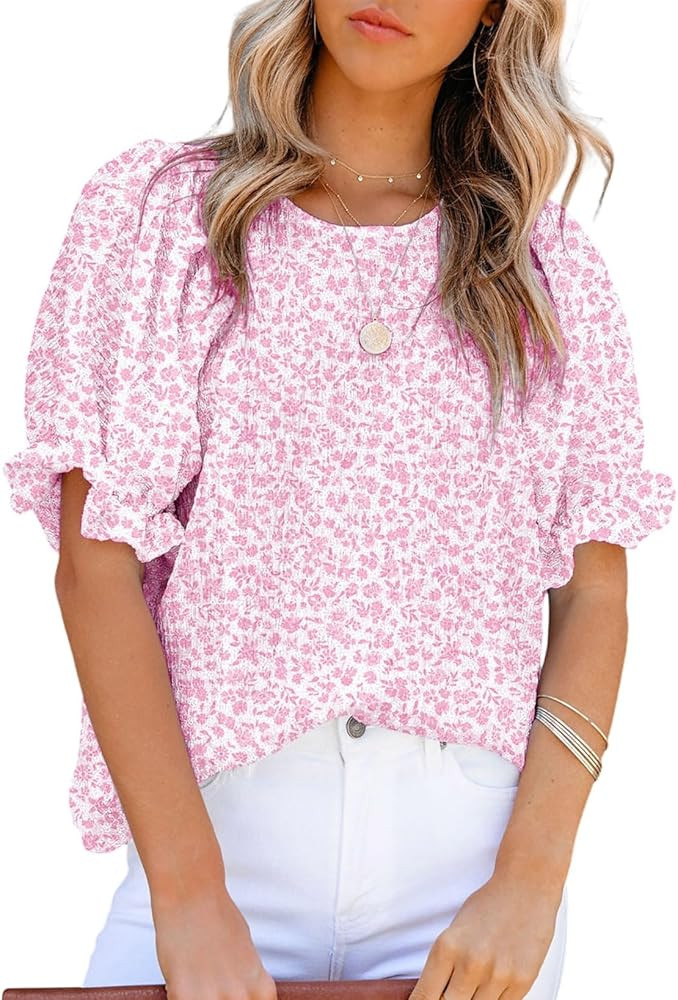 Dokotoo Floral Print Blouses for Women Crewneck Smocked Puff Sleeve Shirts Casual Babydoll Tops | Amazon (US)