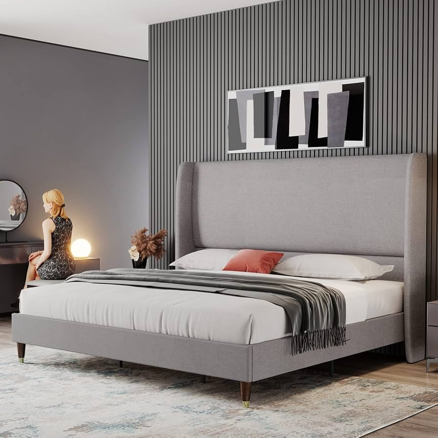 PaPaJet Queen Platform Bed Frame 51.2" High Headboard Linen Tall Upholstered Bed/No Box Spring Re... | Amazon (US)