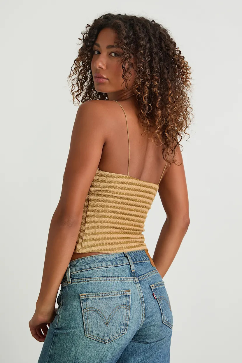 Jimena Light Brown Striped Knit Ruched Cami Top | Lulus