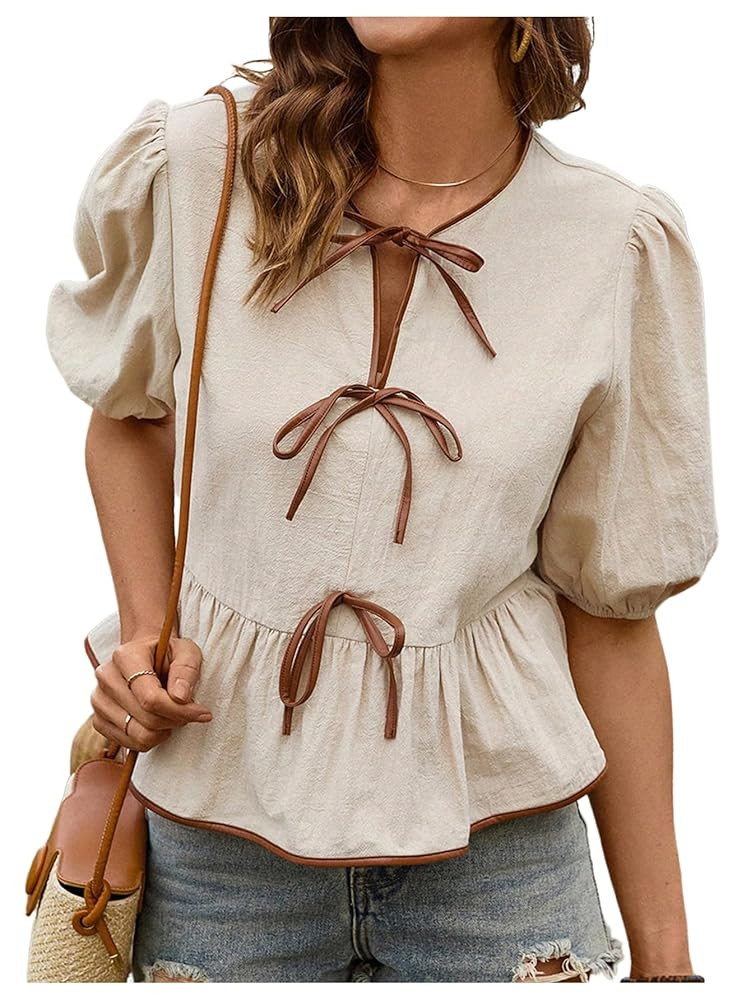 SOLY HUX Women's Bow Tie Front Tops Puff Short Sleeve Ruffle Hem Peplum Cute Blouse | Amazon (US)