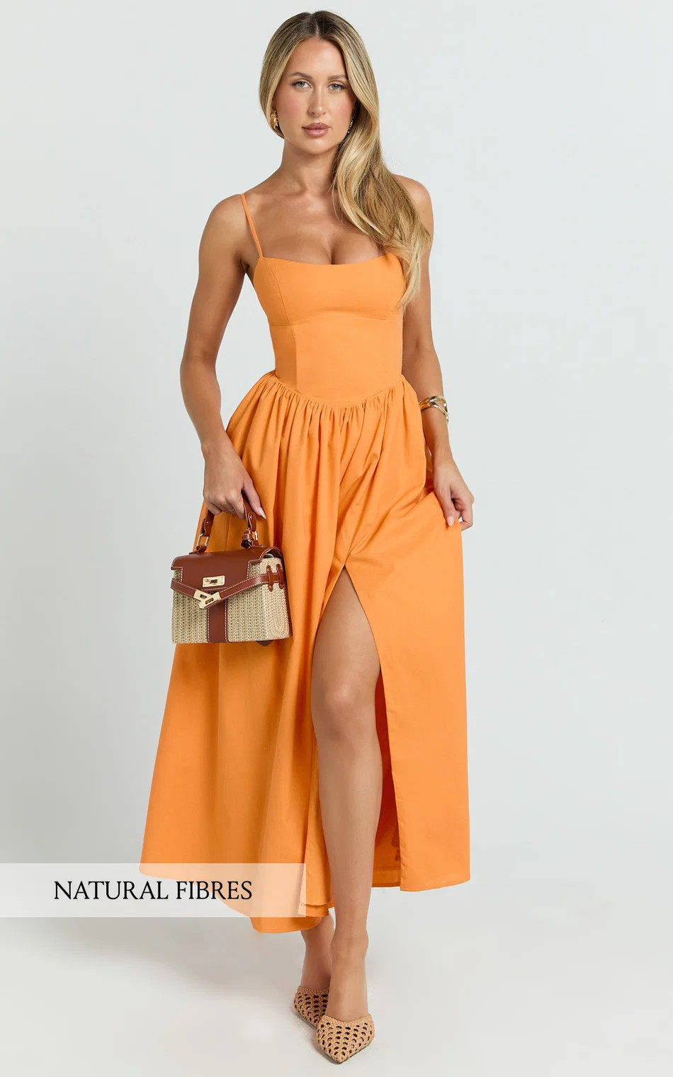 Linen Scoop Neck Gathered Dress in Orange | Showpo (US, UK & Europe)
