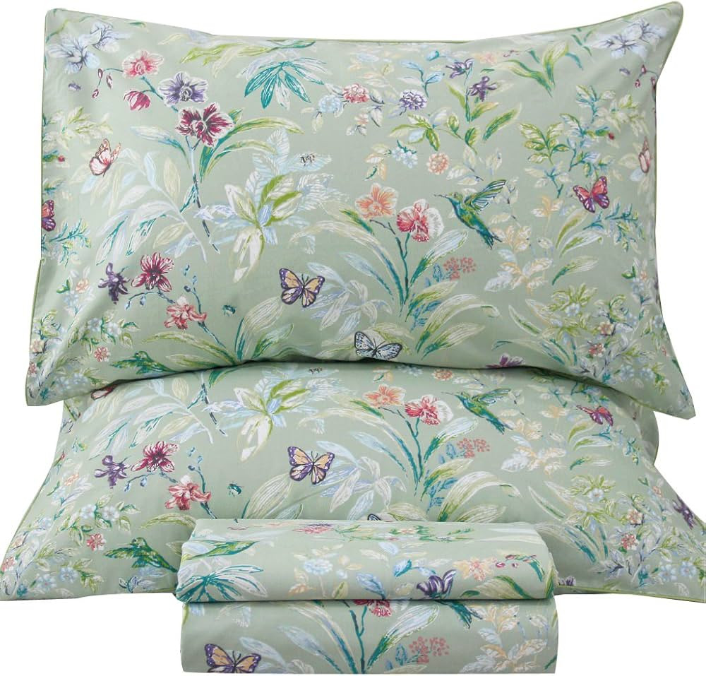 QSH Green Floral Queen Size Sheet Sets - Green Flower Bird Butterfly Print Botanical Bedding Egyp... | Amazon (US)