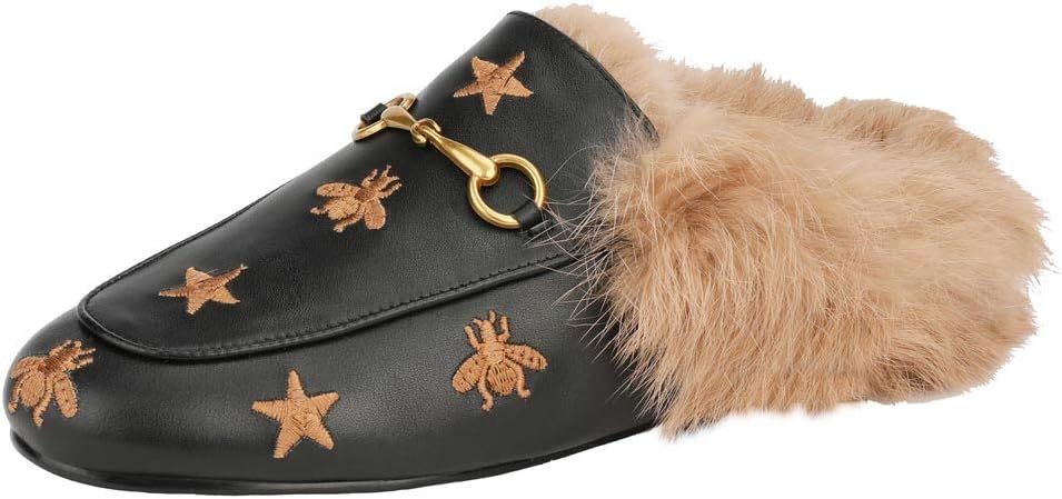 Fur Mules for Women Leather Slip-on Rabbit Furny Loafers Comfort Flats Slide Casual Shoes | Amazon (US)